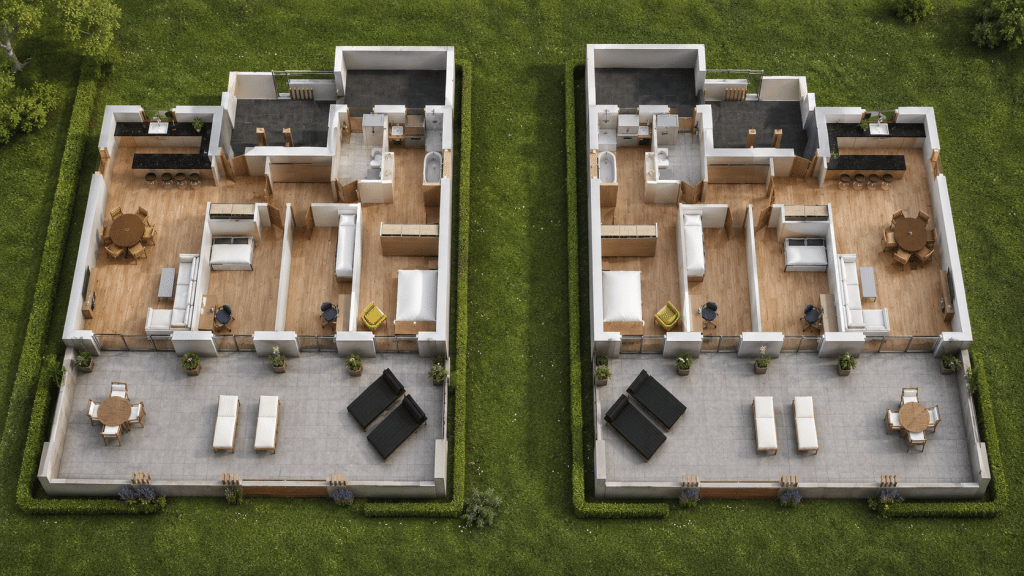 Plan 3D meublé des logements d'une promotion immobilière, vue d'ensemble par étage