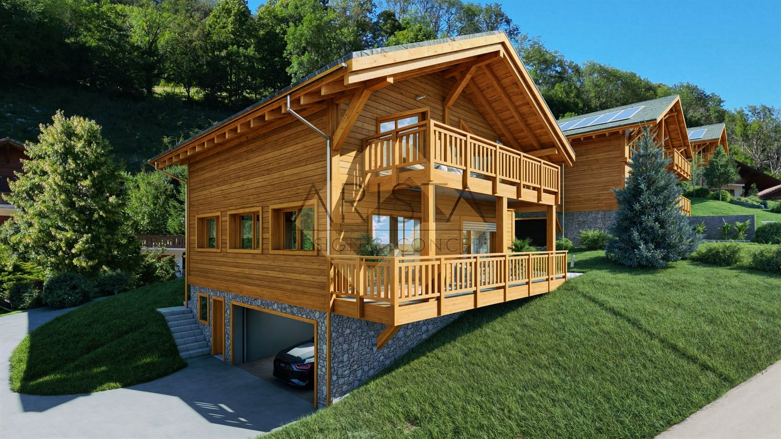 Chalet 3D photoréaliste intégré dans son terrain réel — vue frontale, Arista Design Concept Suisse romande