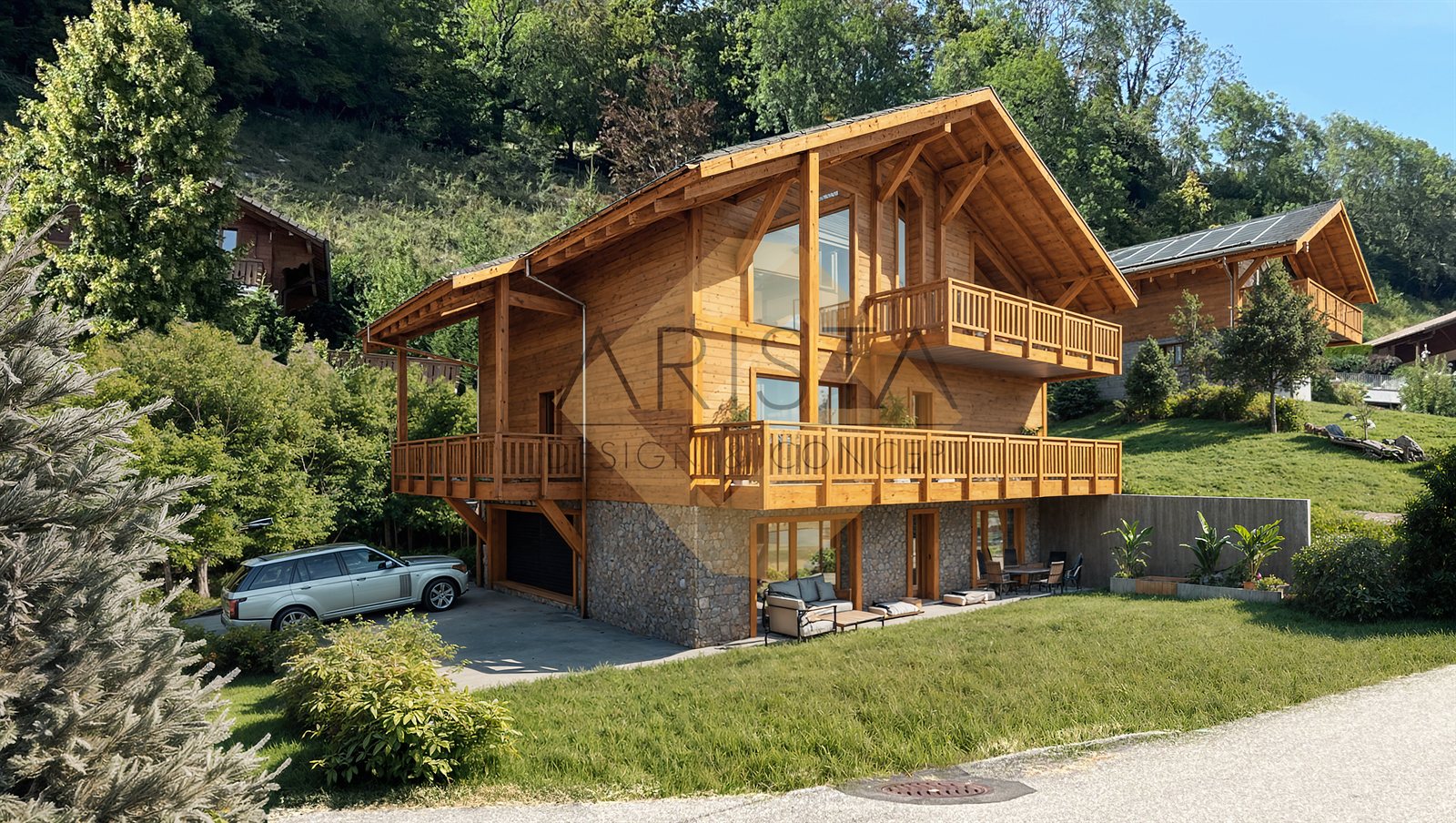 Chalet 3D intégré dans son site — vue latérale avec contexte végétal et accès, Arista Design Concept