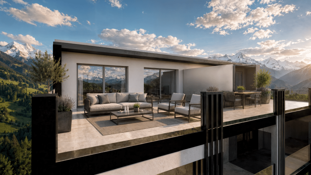 Terrasse d'une promotion immobilière ouverte sur un panorama de montagne