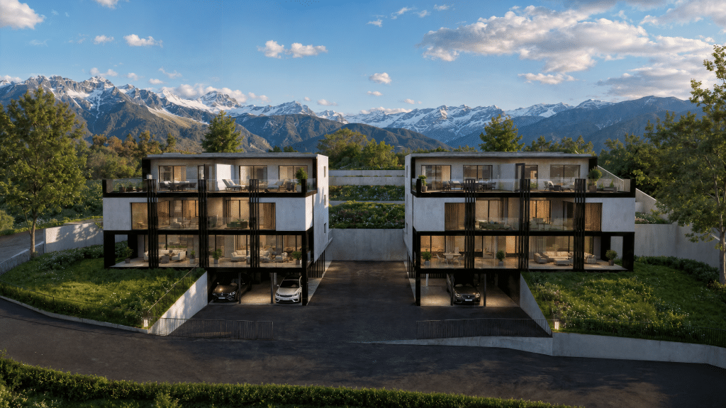 Vue extérieure 3D de deux villas contemporaines d'une promotion immobilière, montagnes en arrière-plan