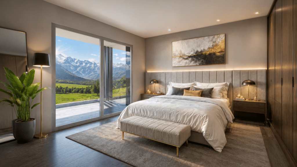 Visualisation 3D de la chambre principale d'une promotion immobilière, ouverte sur une terrasse avec vue sur la montagne