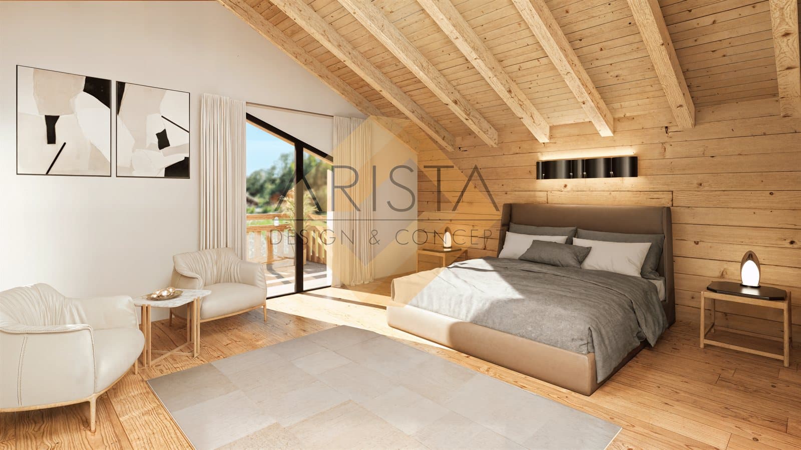 Chambre 3D photoréaliste avec poutres apparentes et vue sur le paysage — Arista Design Concept