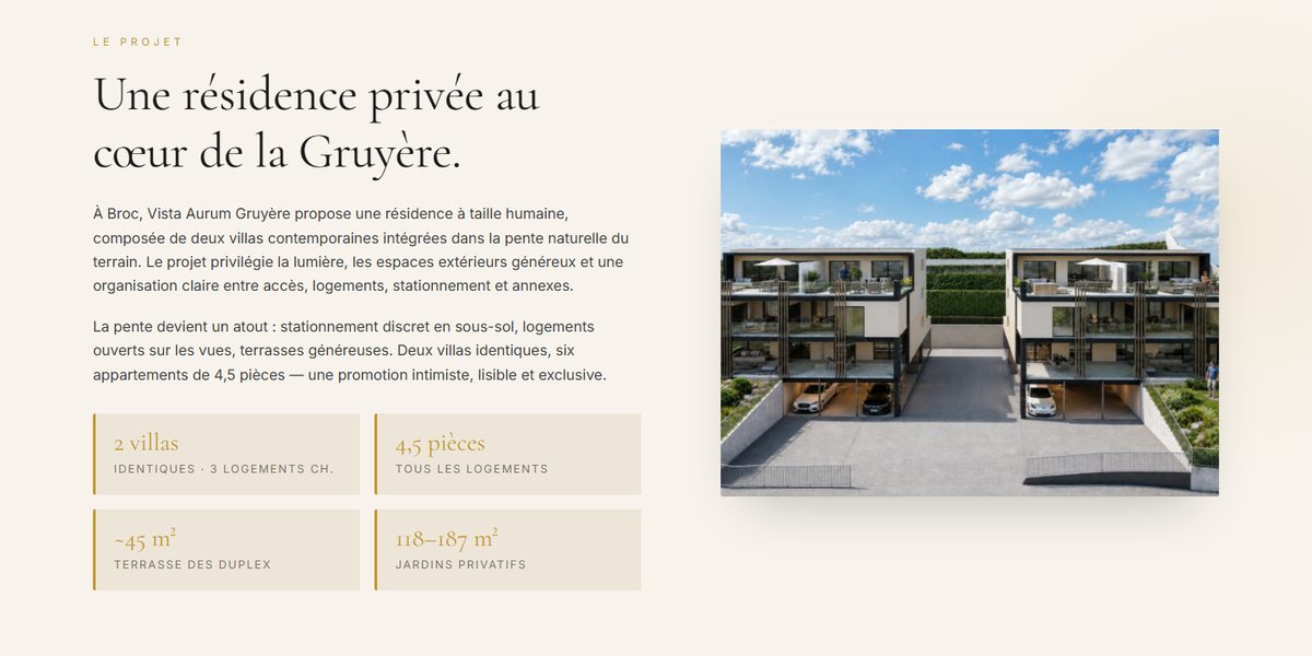 Section de présentation du projet sur le site Vista Aurum Gruyère
