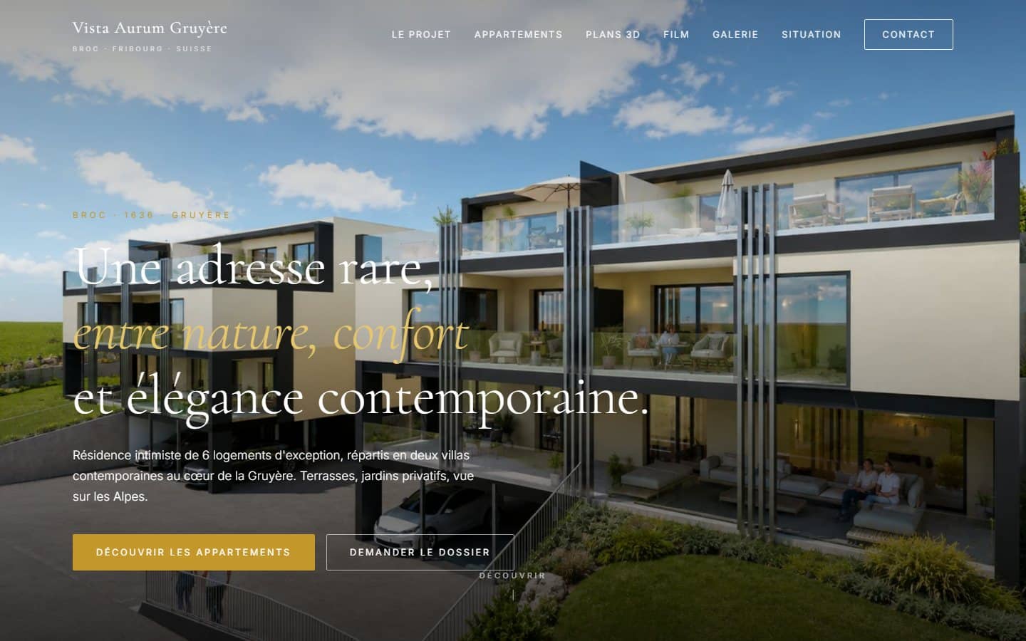 Page d'accueil du site de la promotion Vista Aurum Gruyère