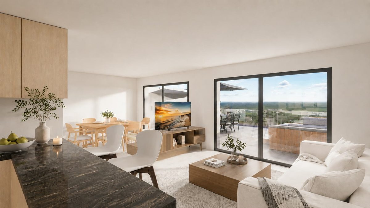 Séjour d'un appartement de la résidence Vista Aurum Gruyère, base d'une visite virtuelle 360° produite par Arista Design Concept